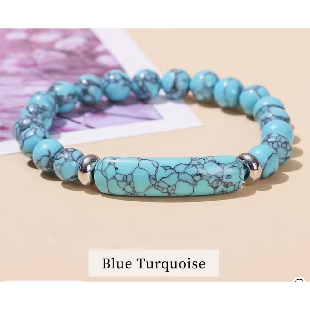 Blue Turquoise Beaded Stretch Bracelet Silver Tone Accents Boho‎ Jewelry